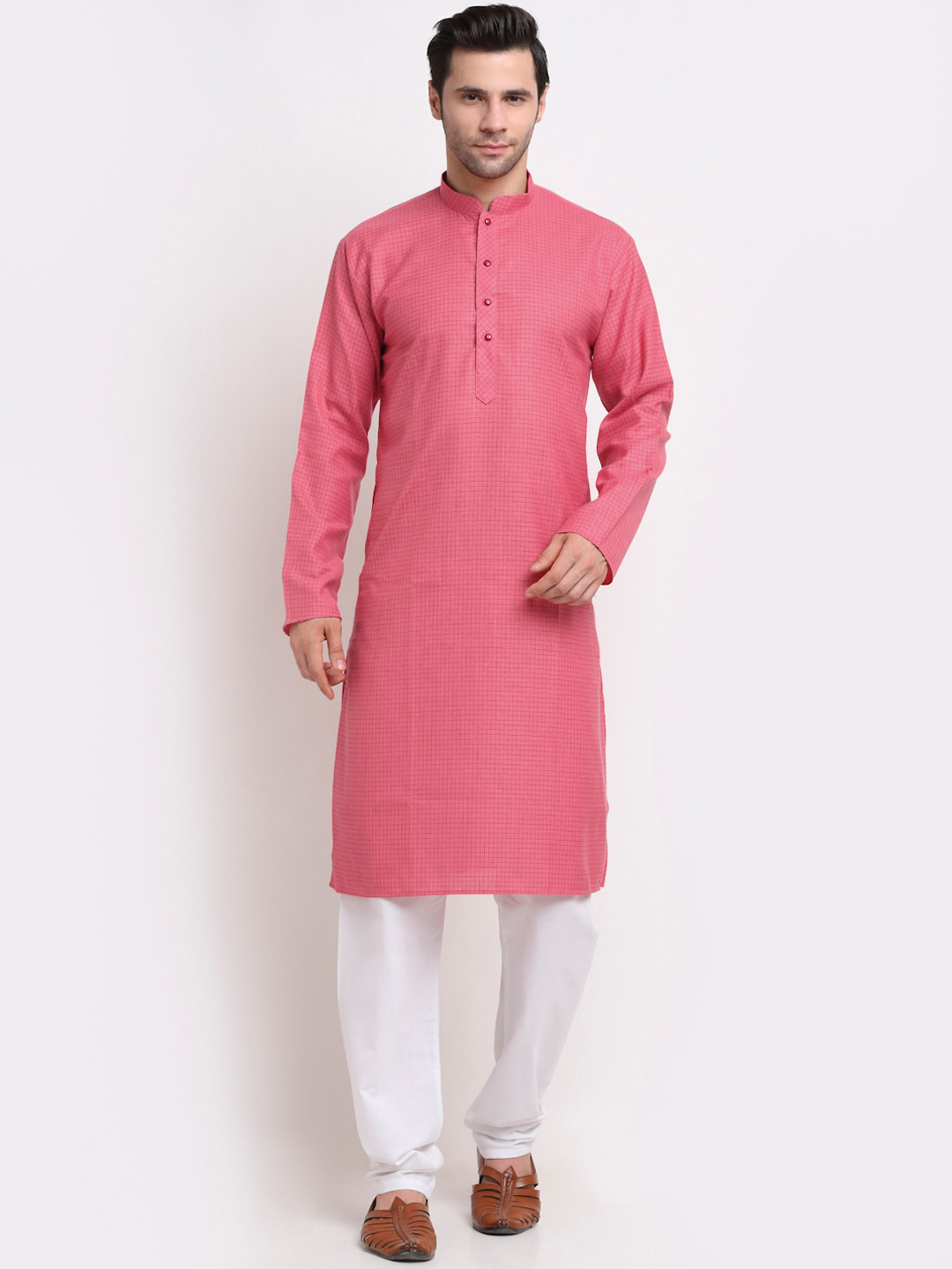 KRAFT INDIA Men Pink Micro Checked Dobby Cotton Kurta