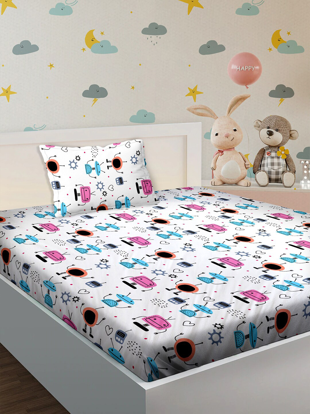 BELLA CASA Kids Kindom Collection White Graphic Cotton 180 TC Single Fine Bedsheet with a Pillow Cover-88 x 108 inches