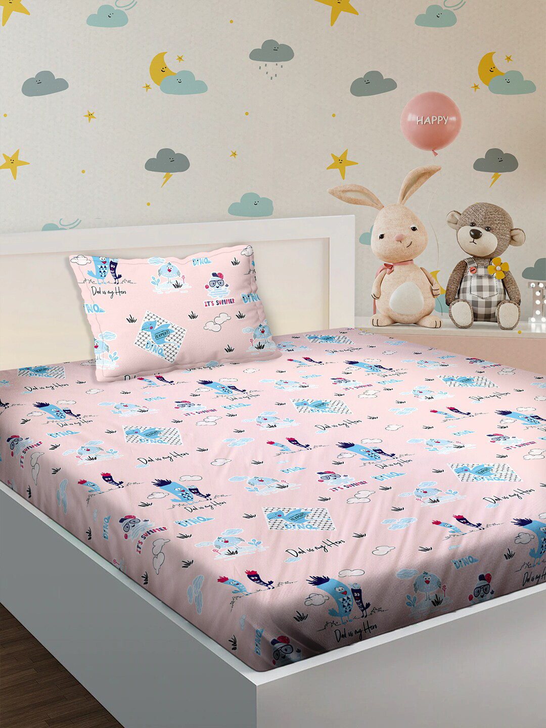 BELLA CASA Kids Kingdom Pink Graphic Cotton 180 TC Single Fine Bedsheet with a Pillow Cover-60 x 90 inches
