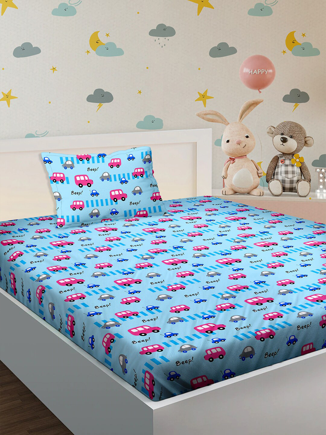 BELLA CASA Kids Kingdom Blue Graphic Cotton 180 TC Single Fine Bedsheet with a Pillow Cover-87 x 59 inches
