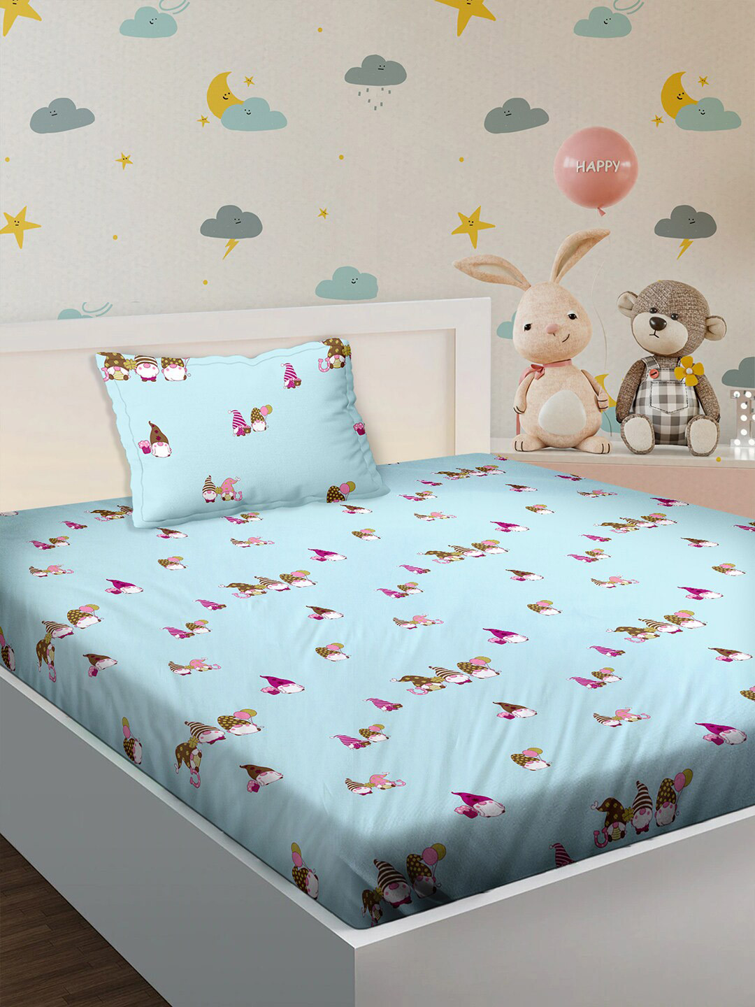 BELLA CASA Kids Kindom Collection Blue Conversational Cotton 180 TC Single Fine Bedsheet with a Pillow Cover-90 x 60 inches