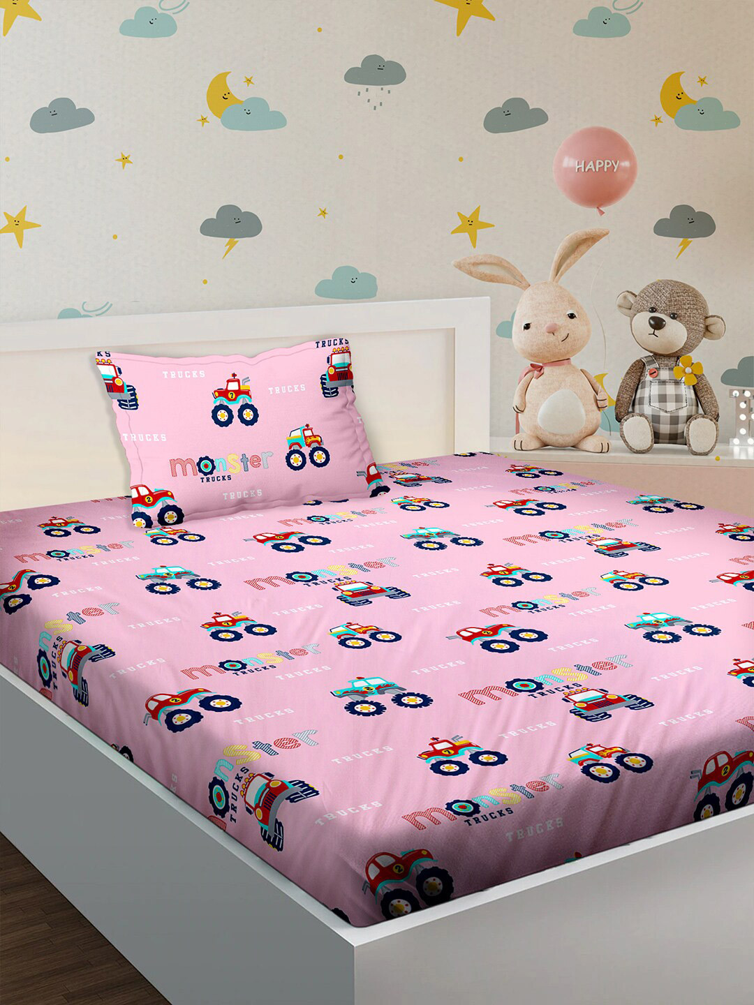 BELLA CASA Pink Graphic Cotton 180 TC Single Fine Bedsheet with a Pillow Cover-152 x 228 cm