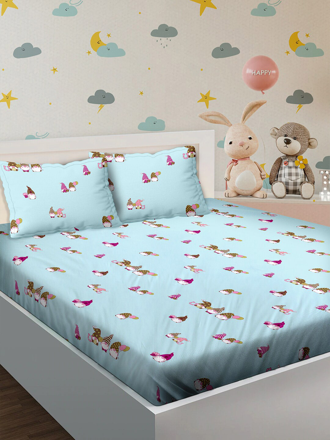 BELLA CASA Blue & Pink Graphic 180 TC King Bedsheet with 2 Pillow Covers
