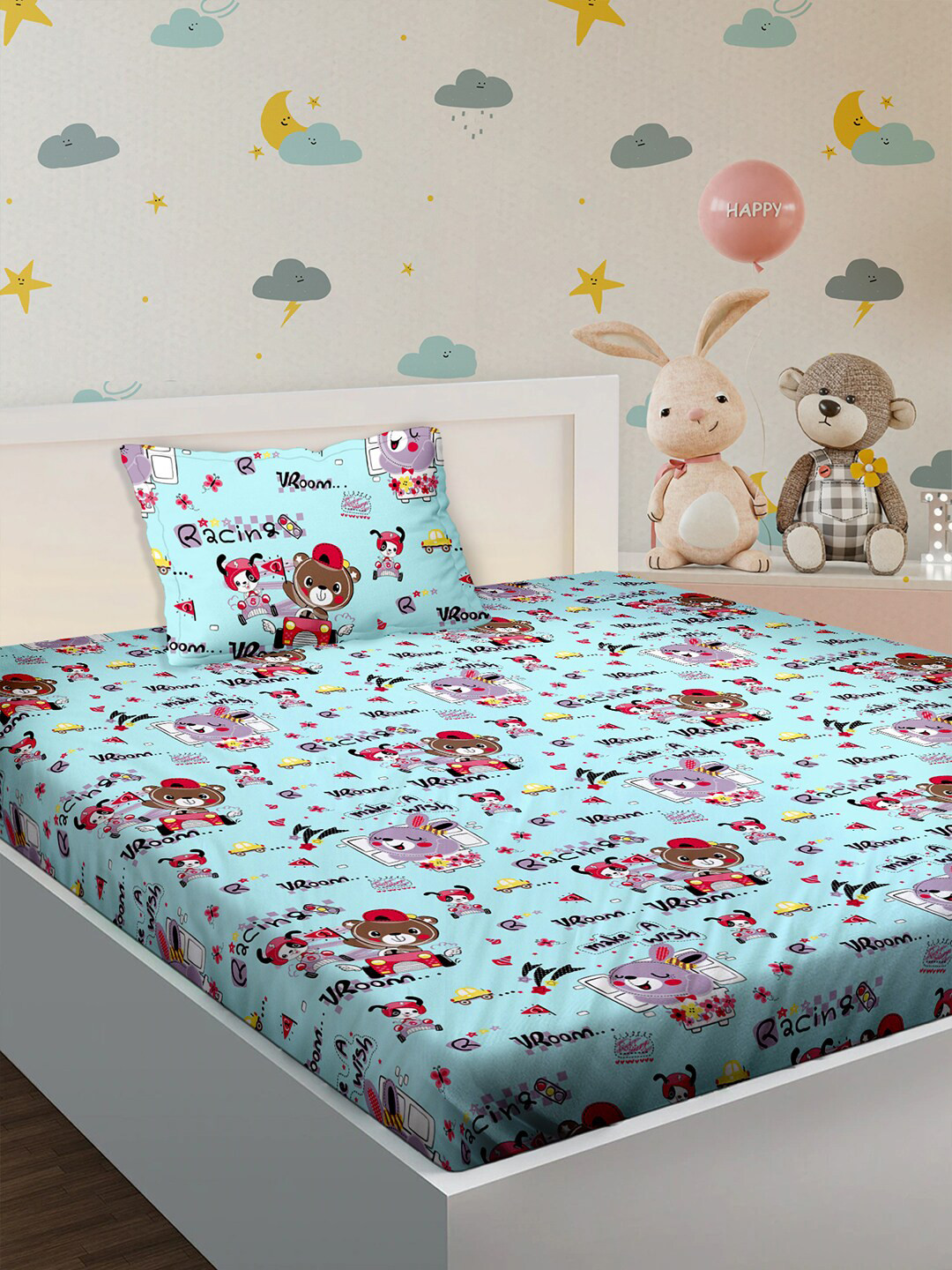 BELLA CASA Kids Kingdom Blue Graphic Cotton 180 TC Single Fine Bedsheet with a Pillow Cover-58 x 90 inches