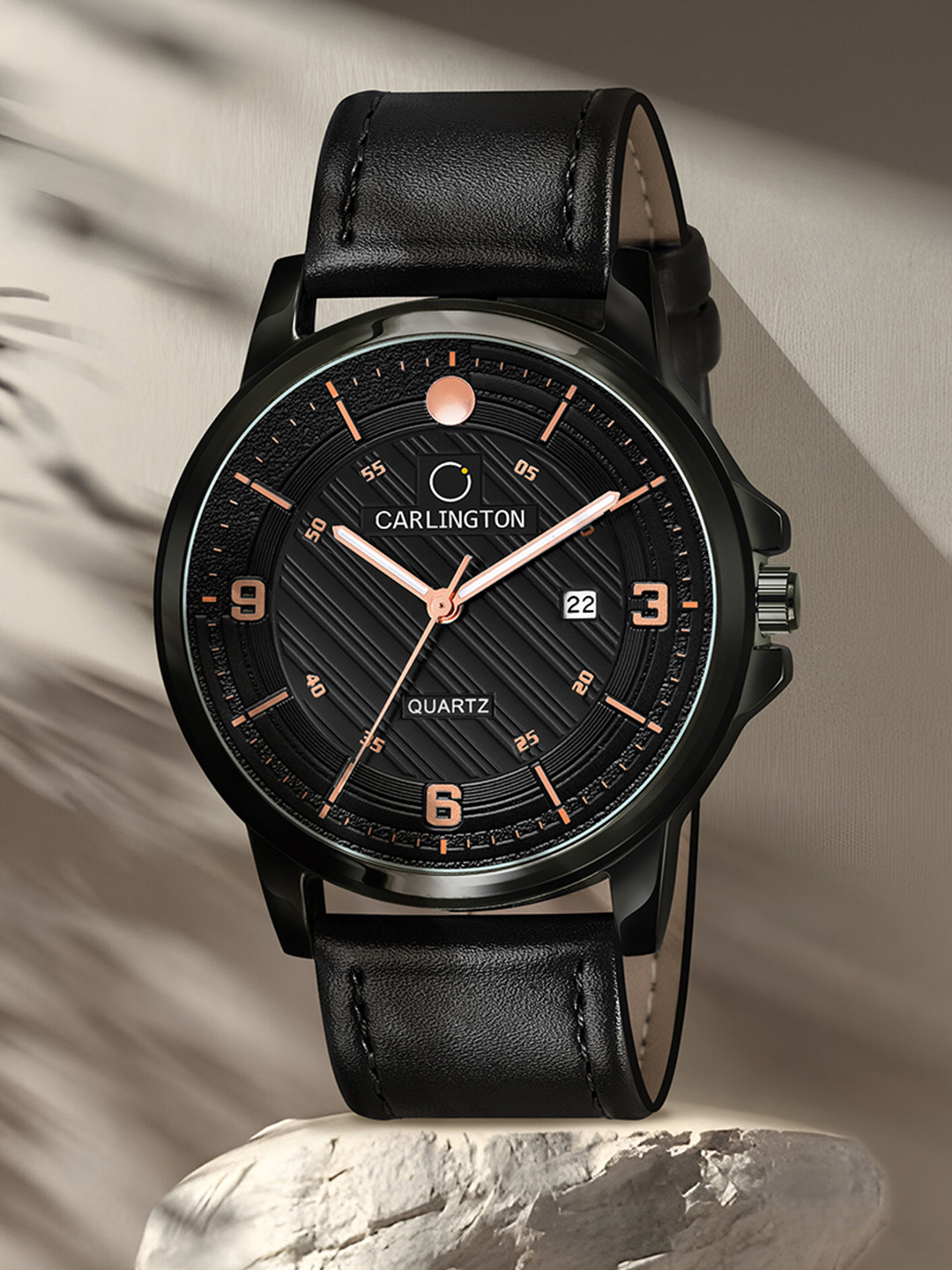 CARLINGTON Men Black Alloy Dial & Black Leather Straps Analogue Watch CT1050 Black