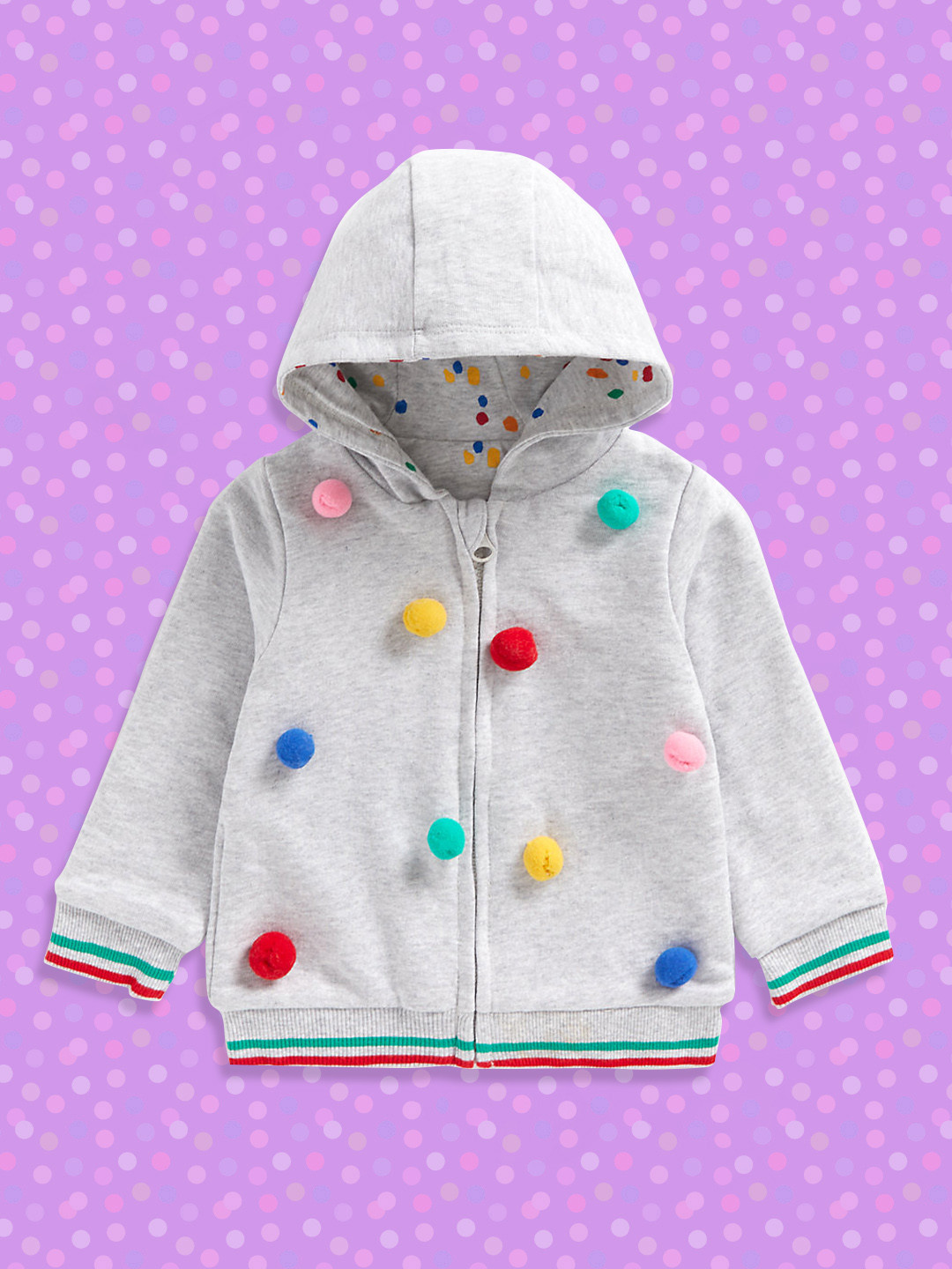 mothercare Girls Grey Embellished Pom Pom Detailed Pure Cotton Hooded Sweatshirt