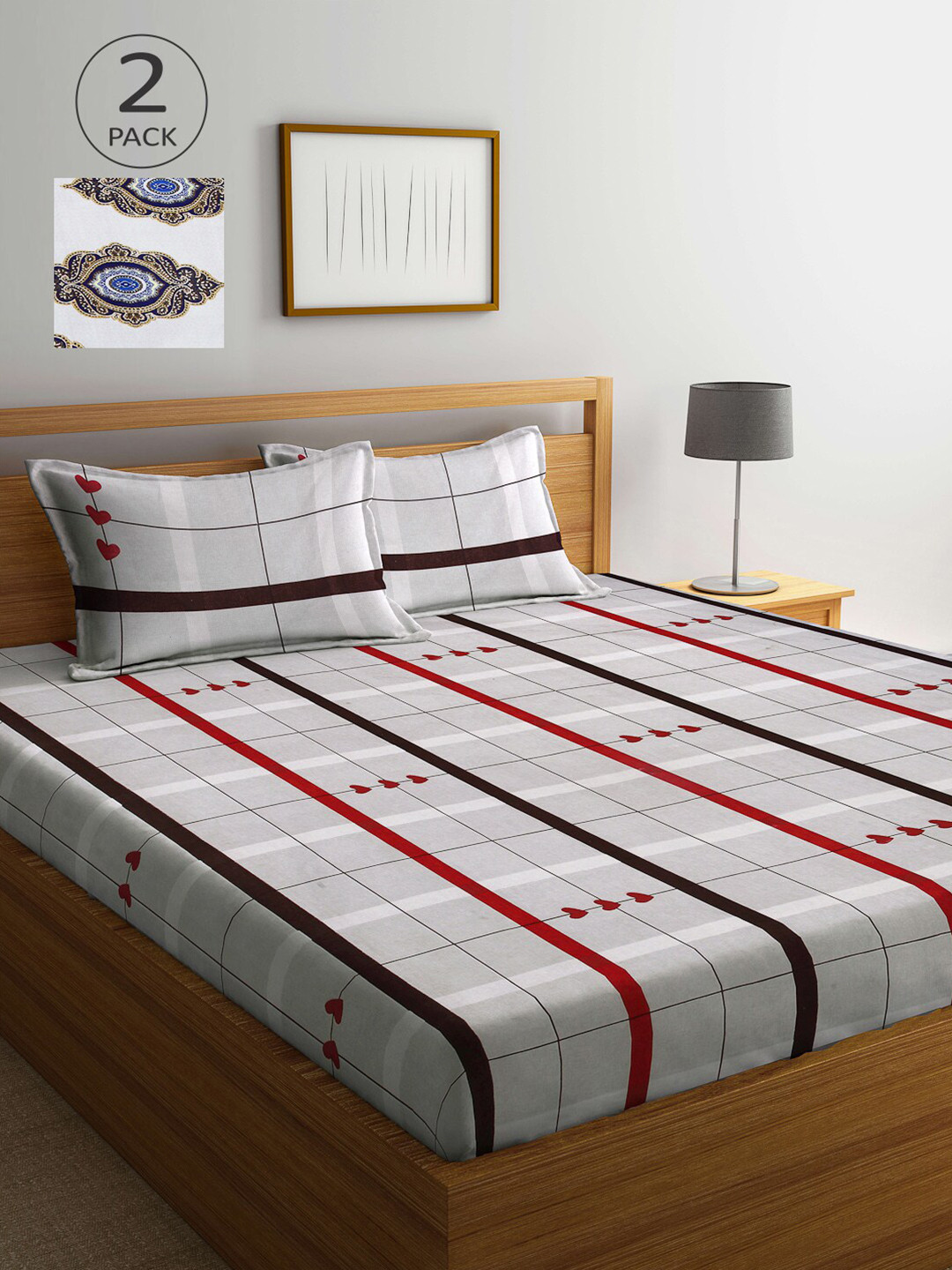 Arrabi White Checked Polycotton 300 TC King Fine 2 Bedsheet with 4 Pillow Covers-98 x 89 inches