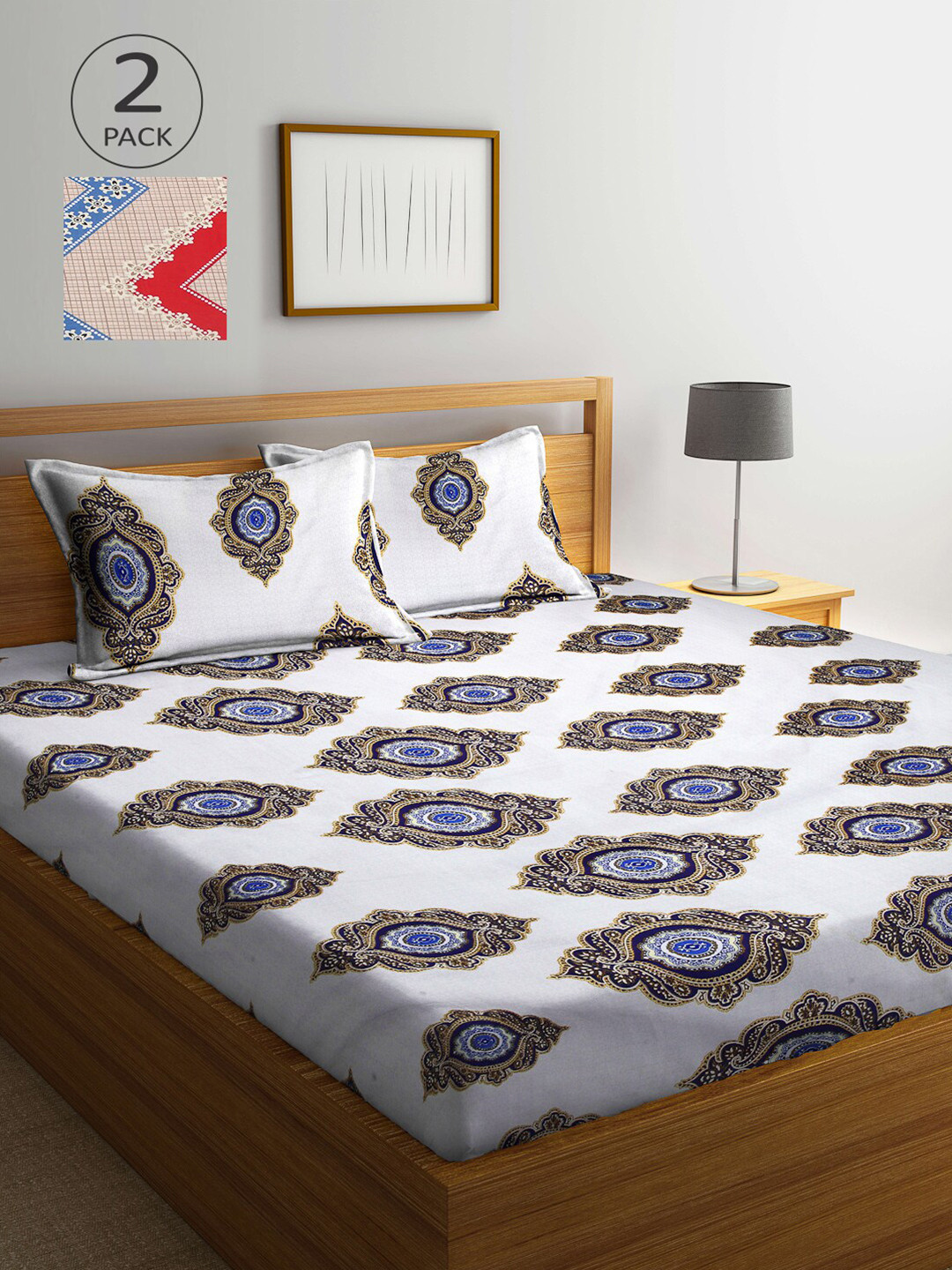 Arrabi Red Ethnic Motifs Polycotton 300 TC King Fine 2 Bedsheet with 4 Pillow Covers-98 x 89 inches