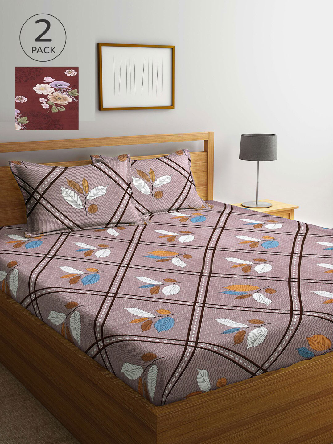 Arrabi Pack Of 2 Maroon & Blue Floral 300 TC 2 King Bedsheet with 4 Pillow Covers