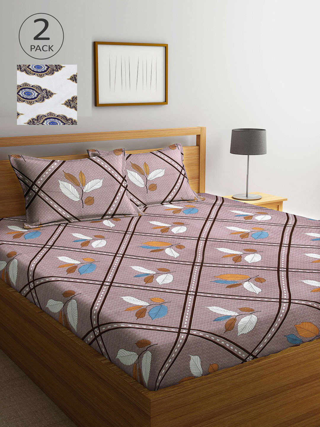 Arrabi Purple Leaf Polycotton 300 TC King Fine 2 Bedsheet with 4 Pillow Covers-98 x 89 inches