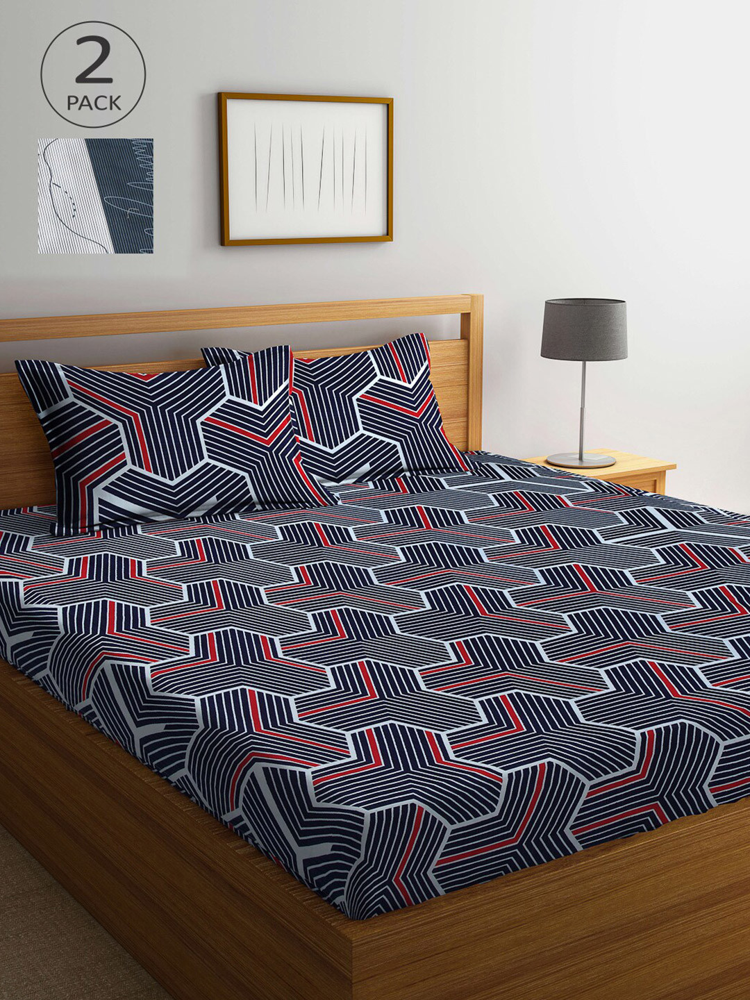 Arrabi Black Geometric Cotton 300 TC King Fine 2 Bedsheet with 4 Pillow Covers-250 X 225 cm