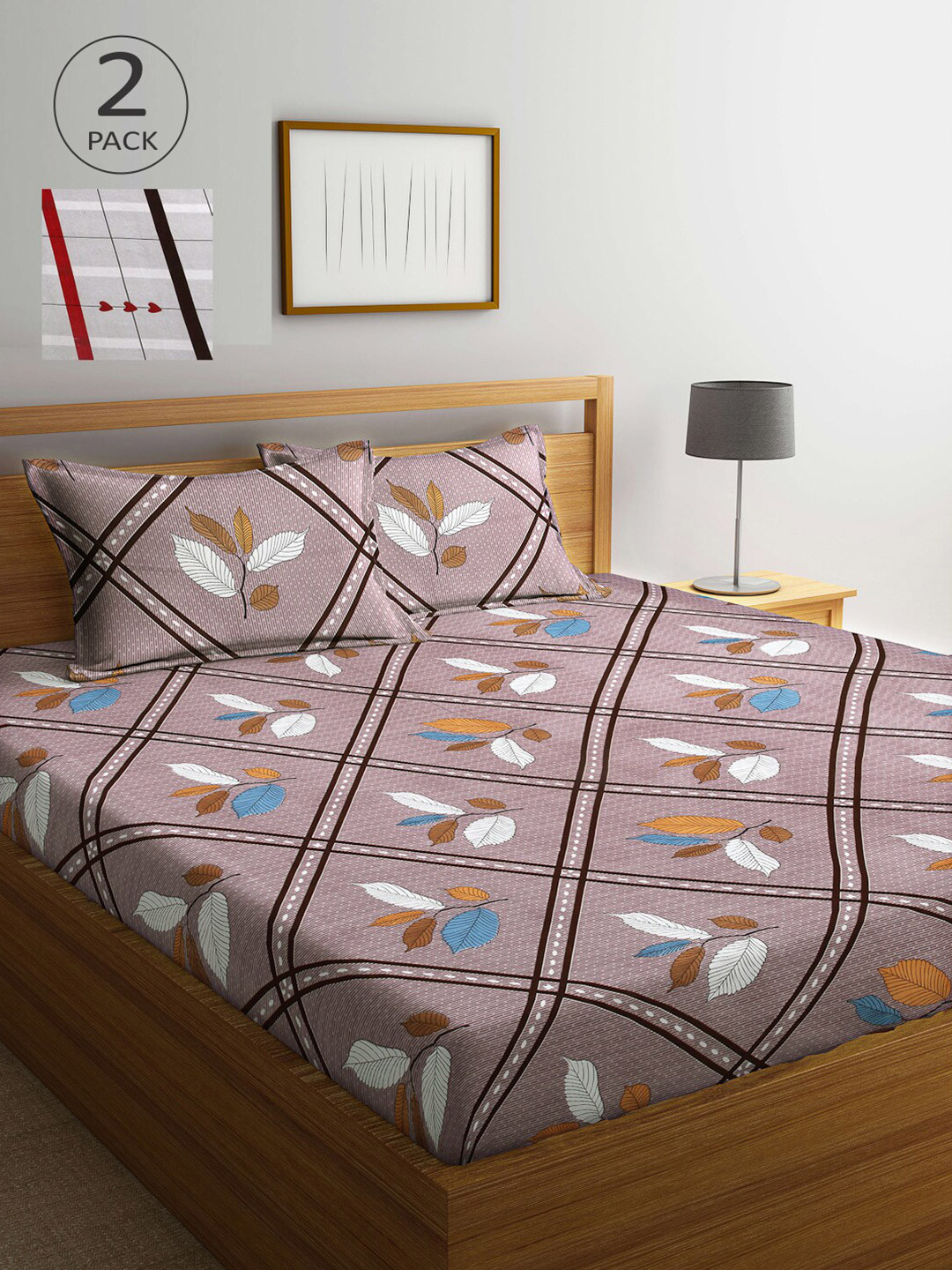 Arrabi Mauve Floral Cotton 300 TC King Fine 2 Bedsheet with 4 Pillow Covers-250 X 225 cm