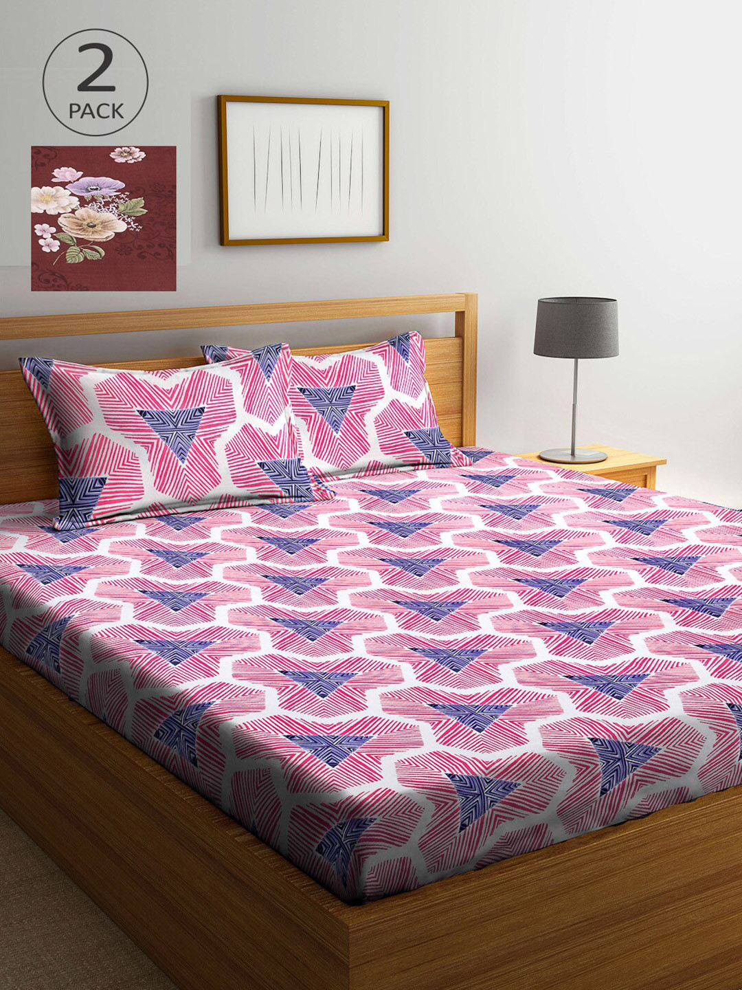 Arrabi Pink & Blue Geometric 300 TC 2 King Bedsheet with 4 Pillow Covers
