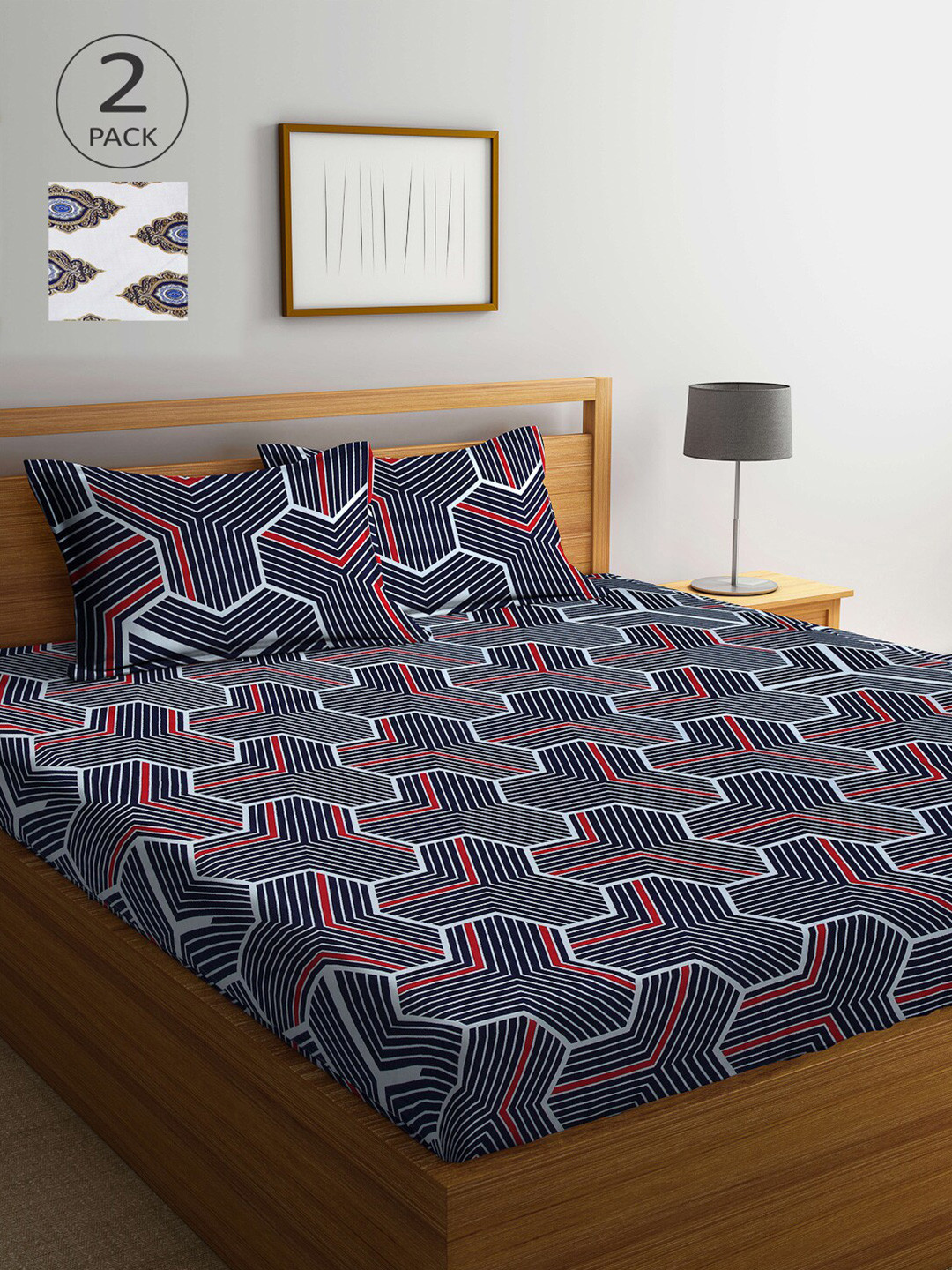 Arrabi Black Geometric Polycotton 300 TC King Fine 2 Bedsheet with 4 Pillow Covers-250 x 225 cm