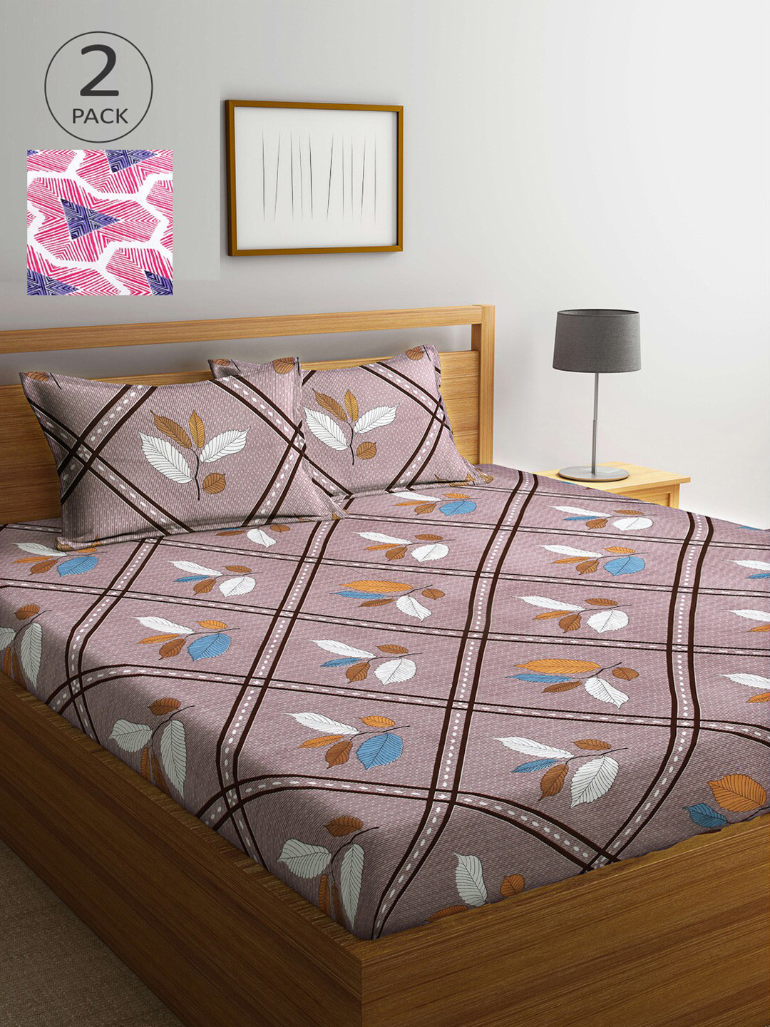 Arrabi Multicoloured Leaf Polycotton 300 TC King Fine 2 Bedsheet with 4 Pillow Covers-100 x 89 inches