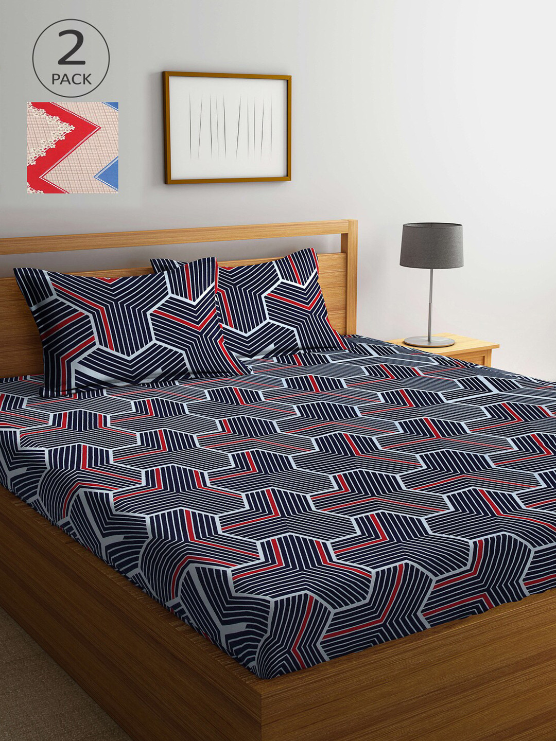 Arrabi Black Geometric Cotton 300 TC King Fine 2 Bedsheet with 4 Pillow Covers-250 X 225 cm