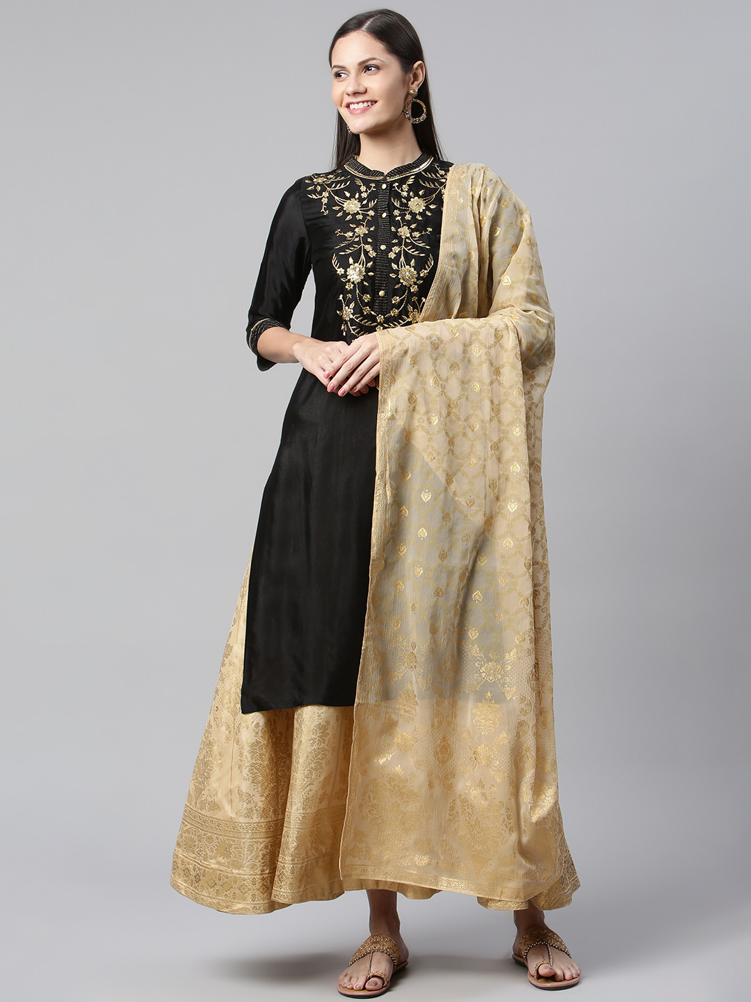 AURELIA Women Black Ethnic Motifs Embroidered Kurta with Skirt & With Dupatta