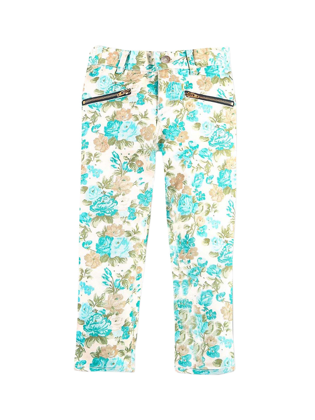 Cherry Crumble Girls Green & Yellow Floral Printed Stretchable Jeans