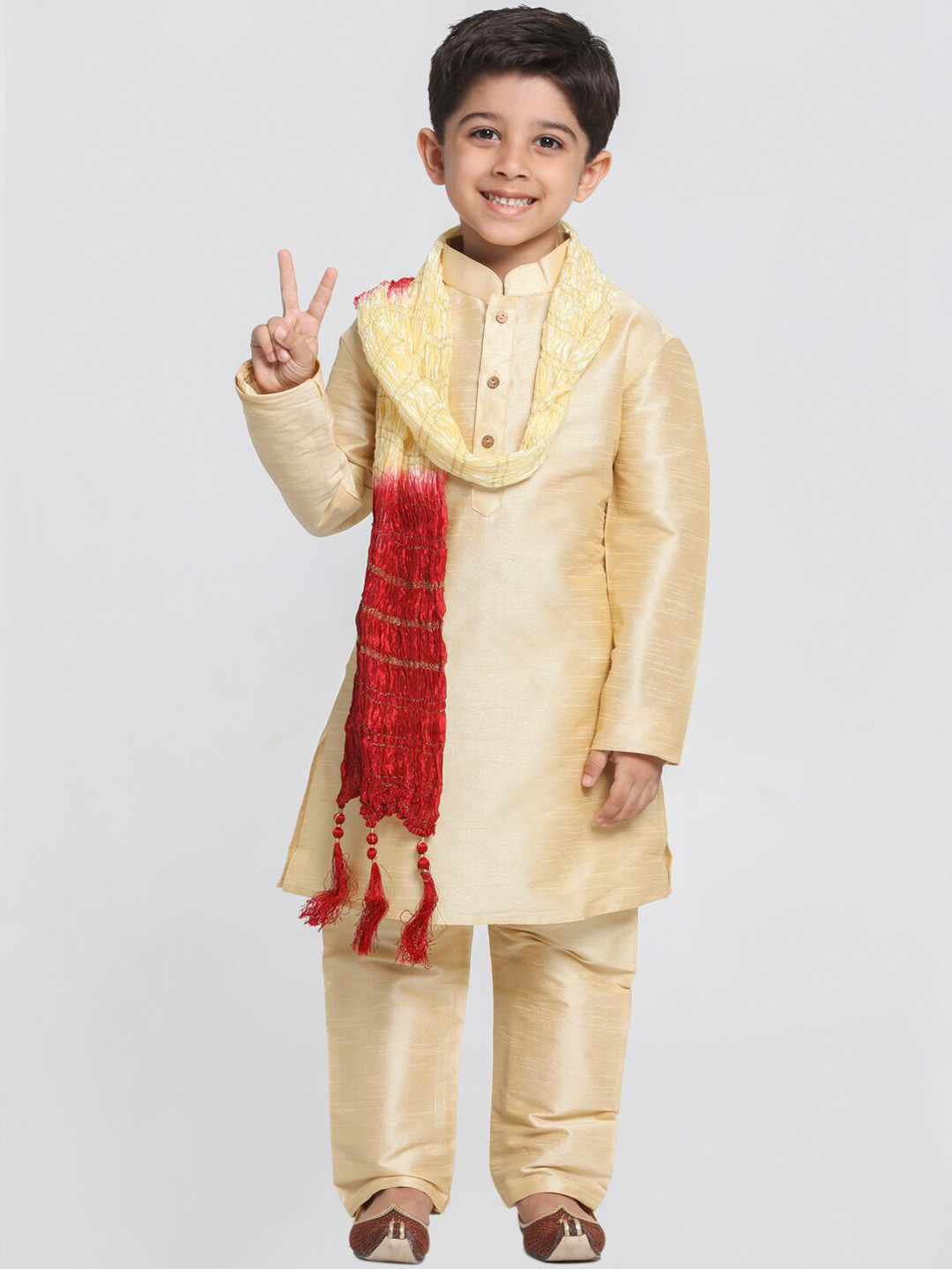 JBN Creation Boys Beige Regular Kurta with Pyjamas & Dupatta