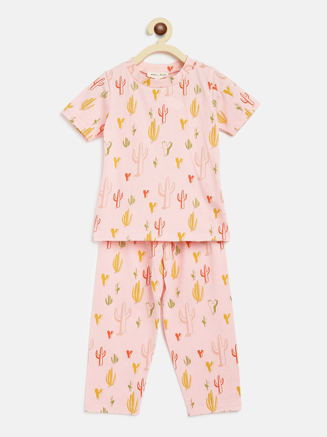am ma Unisex Kids Peach-Coloured & Yellow Printed T-shirt with Pyjamas