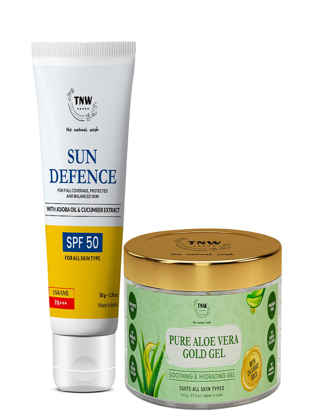 TNW the natural wash Unisex Combo of Aloe Vera Gold Gel & Sun Defence SPF 50 150 ml