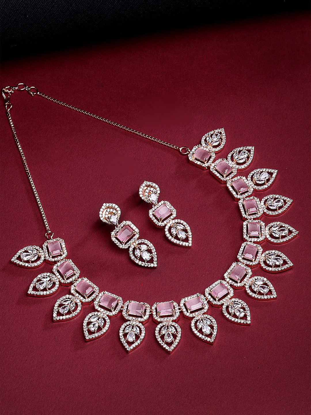 ZENEME Rose Gold-Plated White & Pink American Diamond Studded Jewellery Set