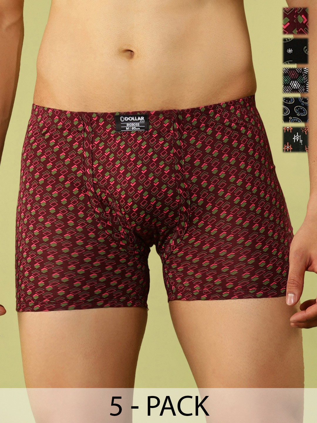 Dollar Bigboss Men Printed Pack of 5 Plush-Backed Waistband Trunk