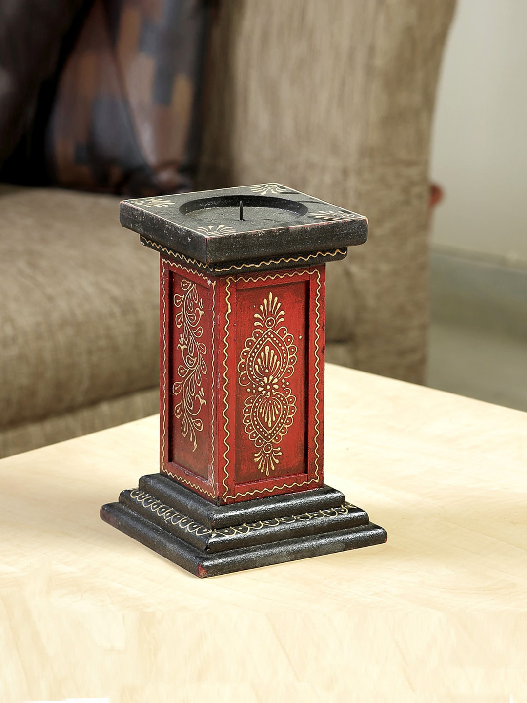 Aapno Rajasthan Black & Red Hand Painted Candle Holder