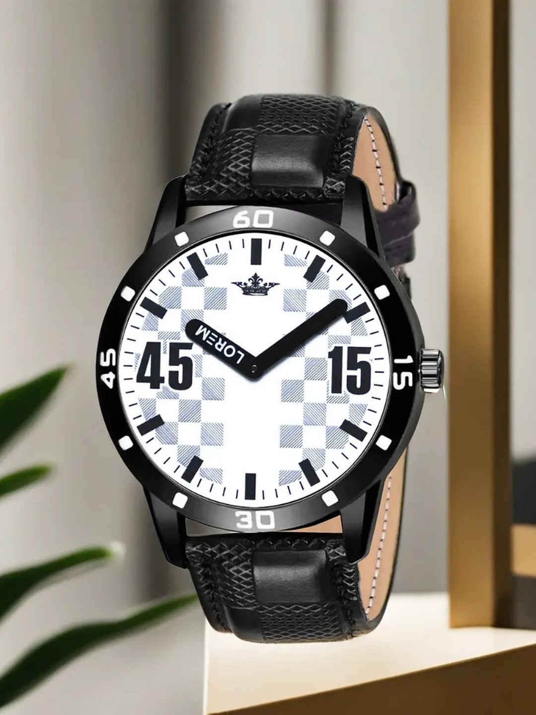 LOREM Men Black & White Leather Textured Straps Analogue Watch LR58