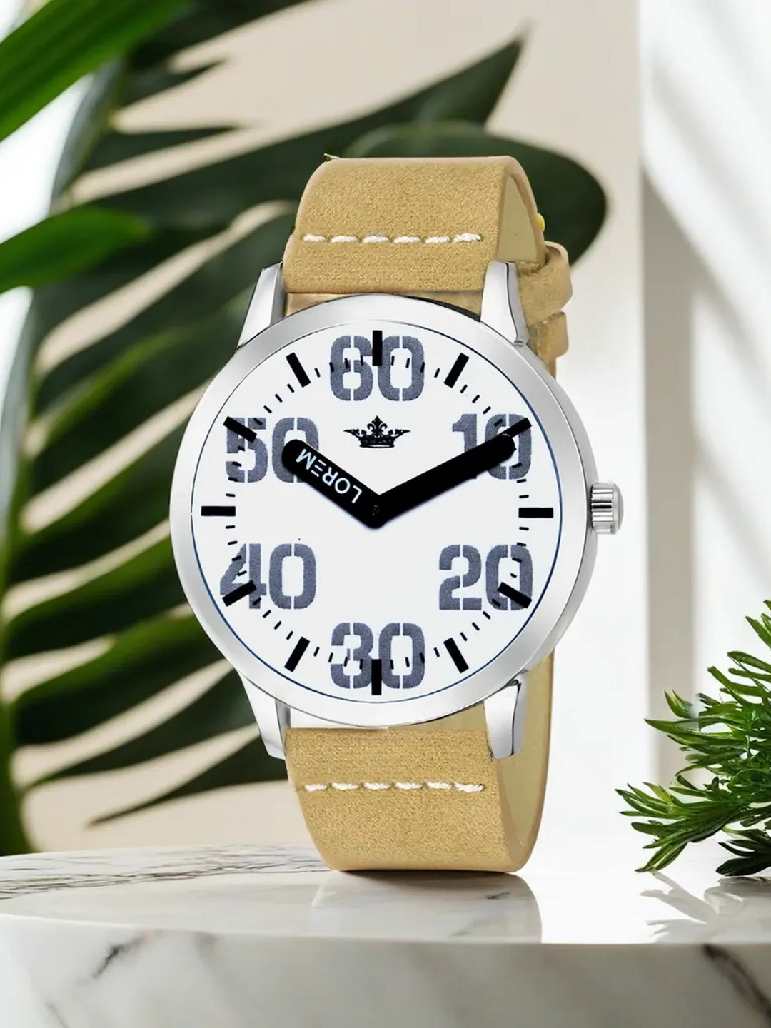 LOREM Men White Dial & Beige Leather Bracelet Style Straps Analogue Watch LR62