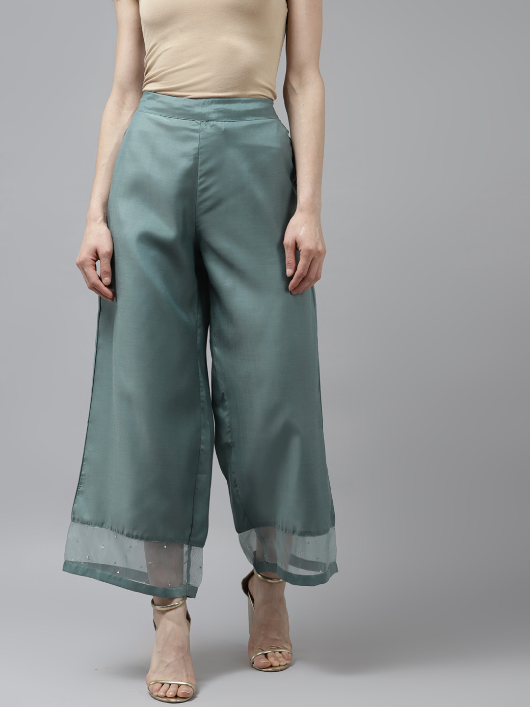 W Women Sea Green Solid with Sequin Work Ethnic Palazzos