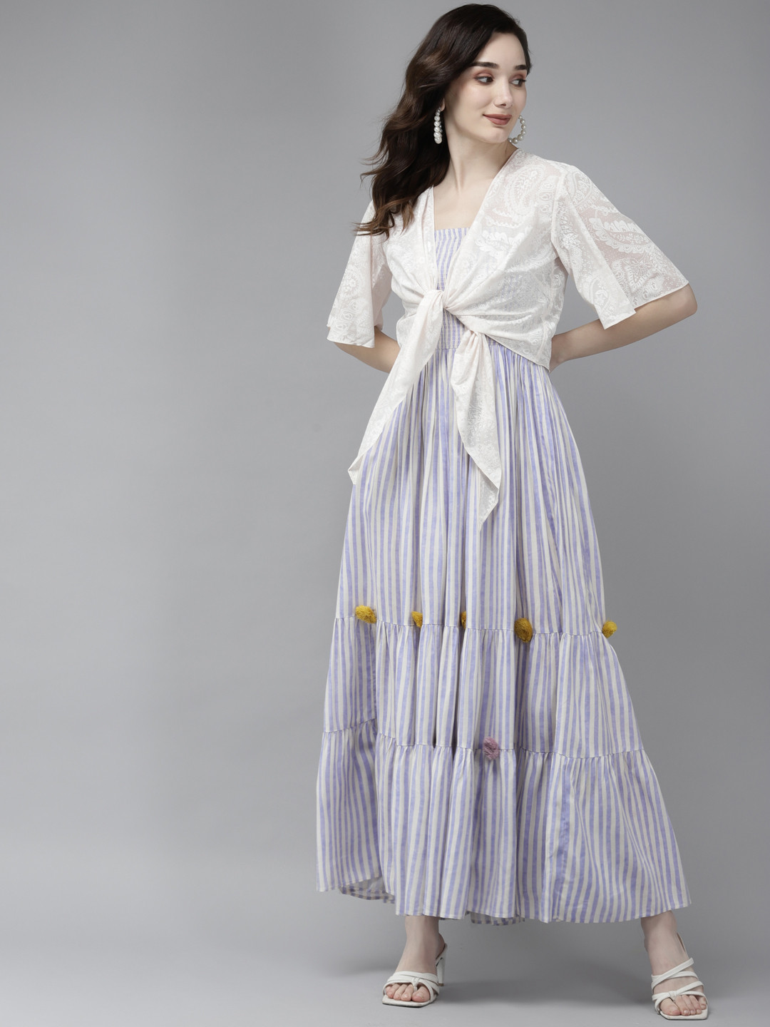 W Blue & Off White Striped Ethnic Maxi Dress with Jacket