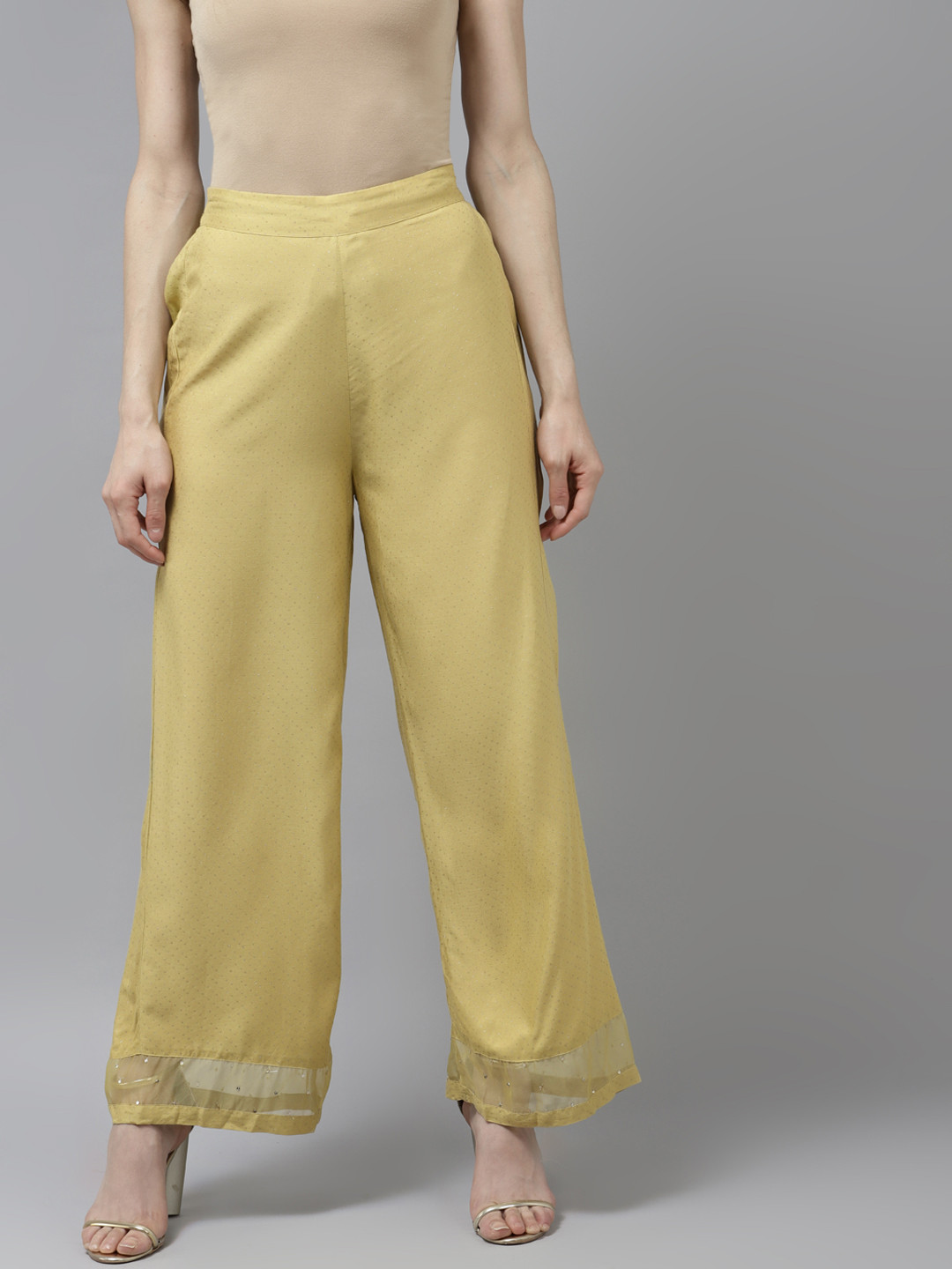 W Women Sage Green & Gold-Toned Printed Ethnic Parallel Palazzos