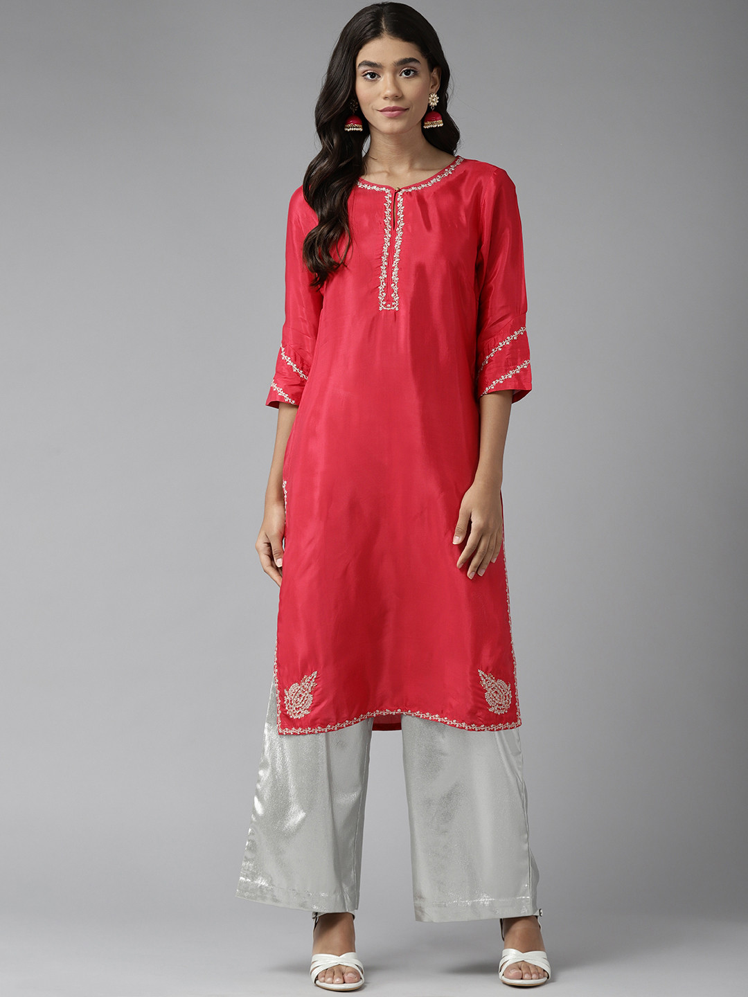 W Women Women Pink & Golden Embroidered Thread Work Kurta