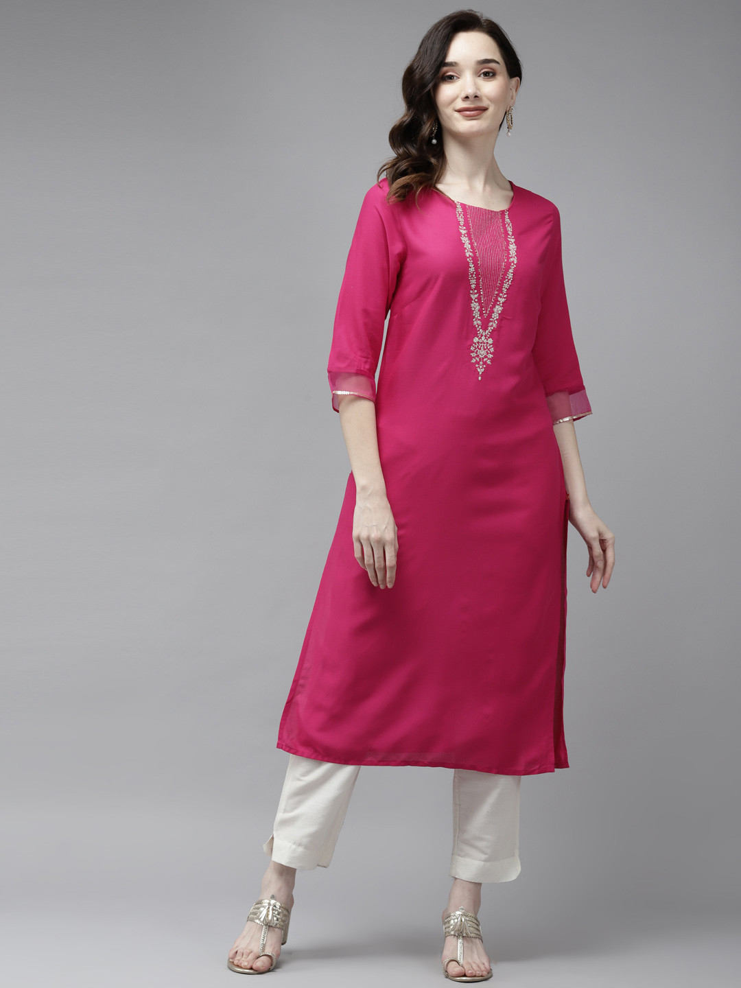 W Women Pink Floral Embroidered Sequin Work Yoke Design Kurta