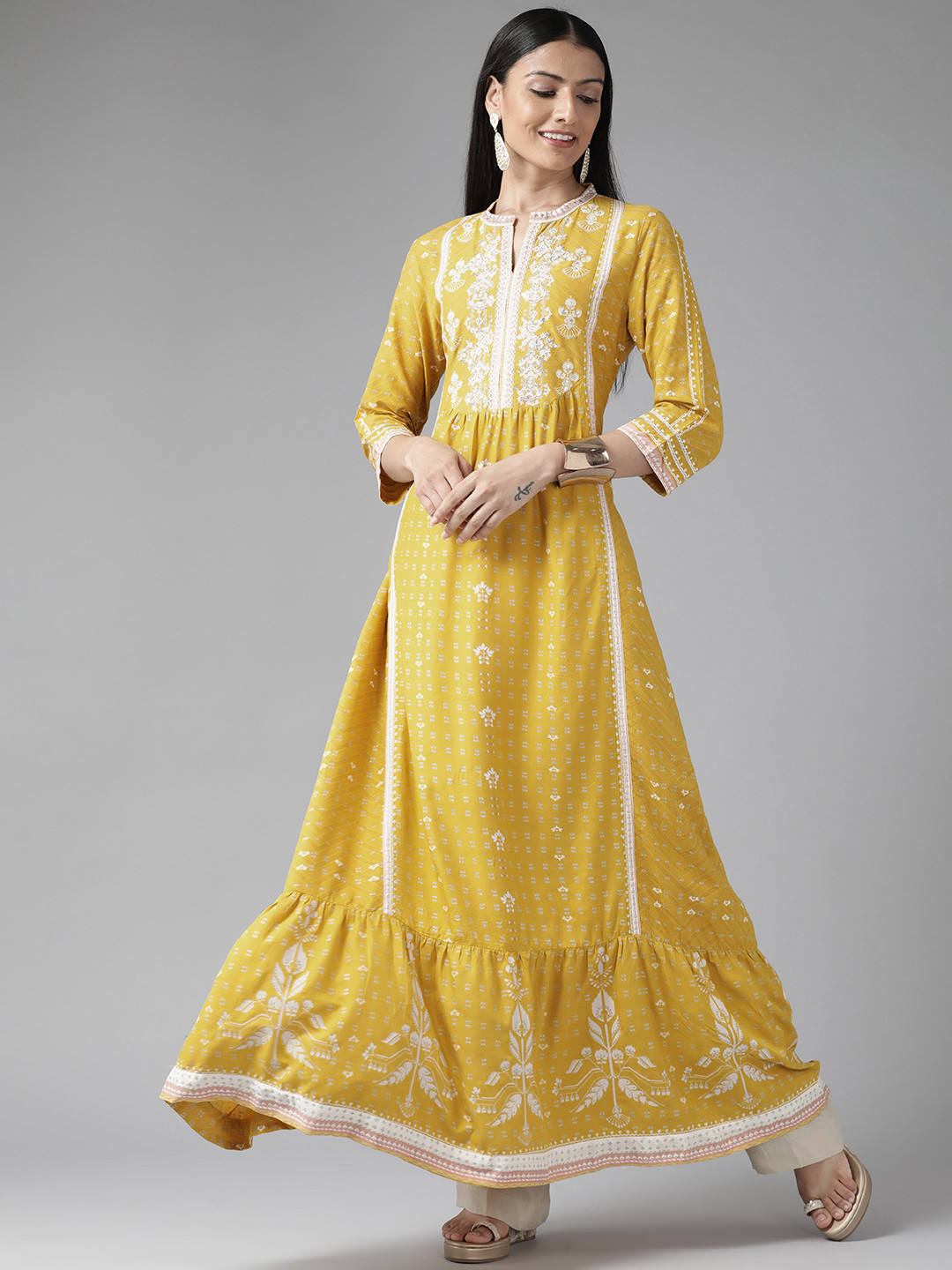 W Women Mustard Yellow & White Ethnic Printed Maxi Ethnic Dress