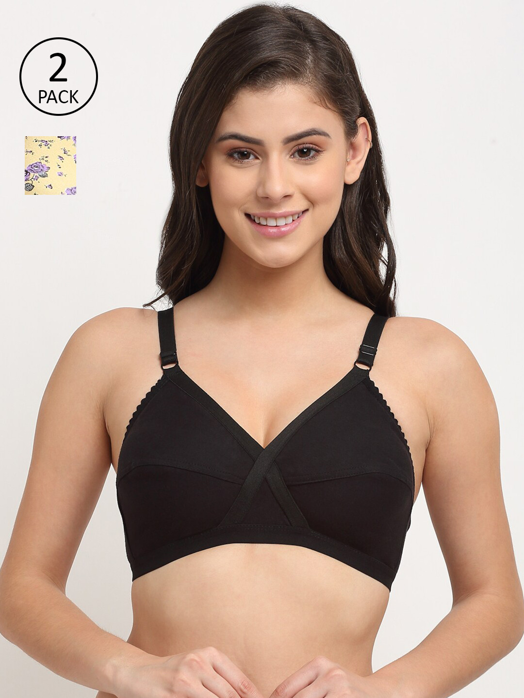 Friskers Pack of 2 Yellow & Black Cotton Push-Up Bras Lightly Padded & Non-Padded
