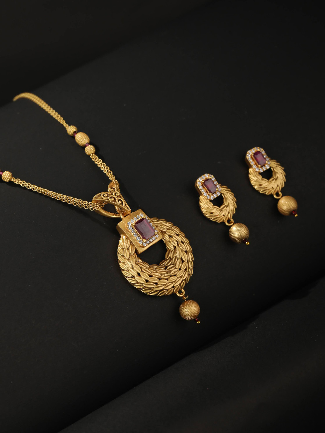 Priyaasi Gold-Plated Maroon & White Ruby & AD-Studded & Beaded Handcrafted Jewellery Set