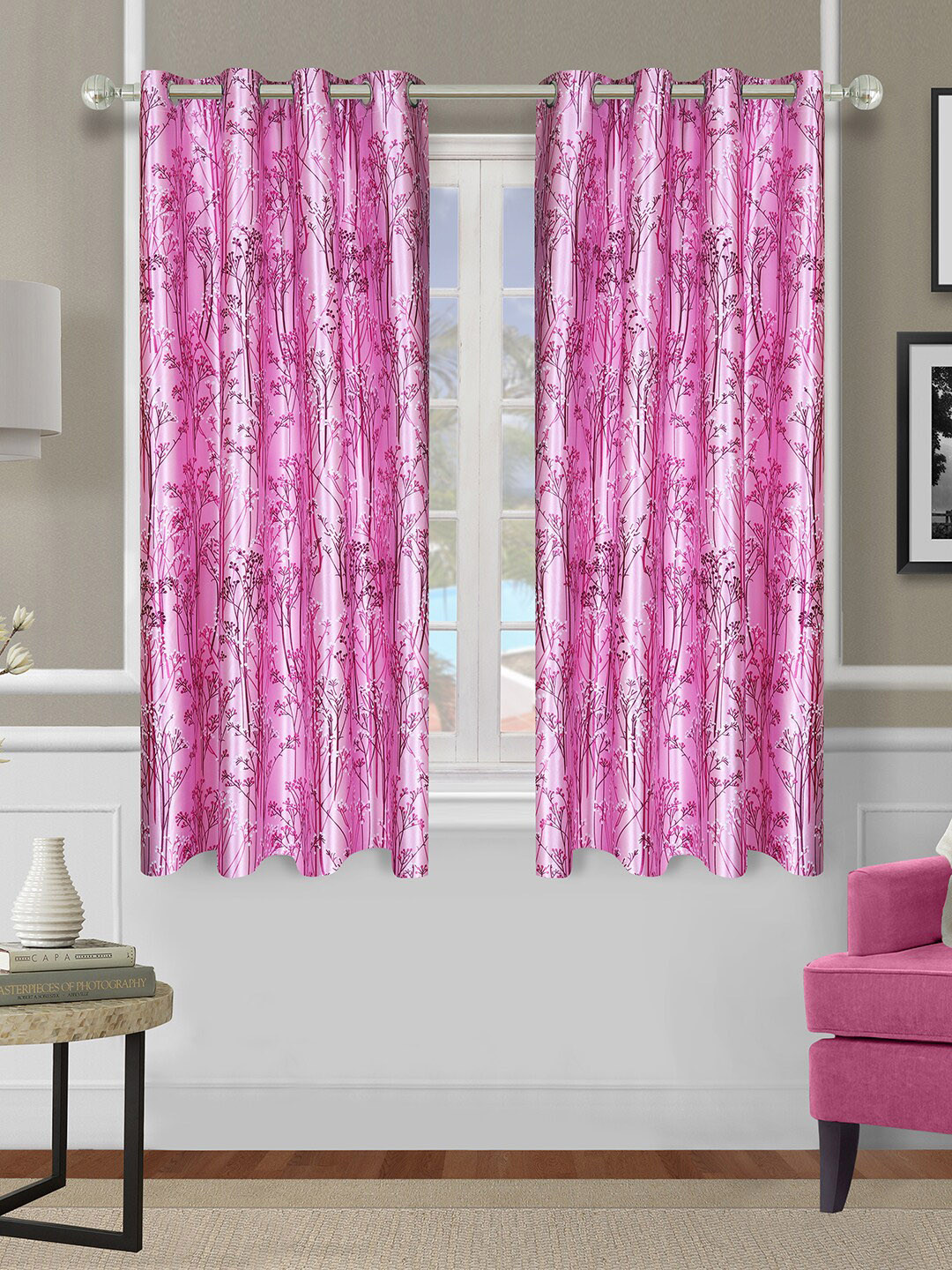ROMEE Set of 2 Pink Floral Printed Window Curtains