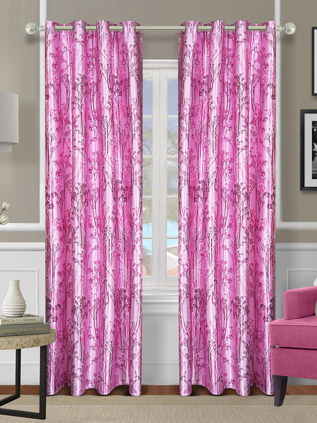 ROMEE Pink & White Set of 2 Floral Room Darkening Door Curtain