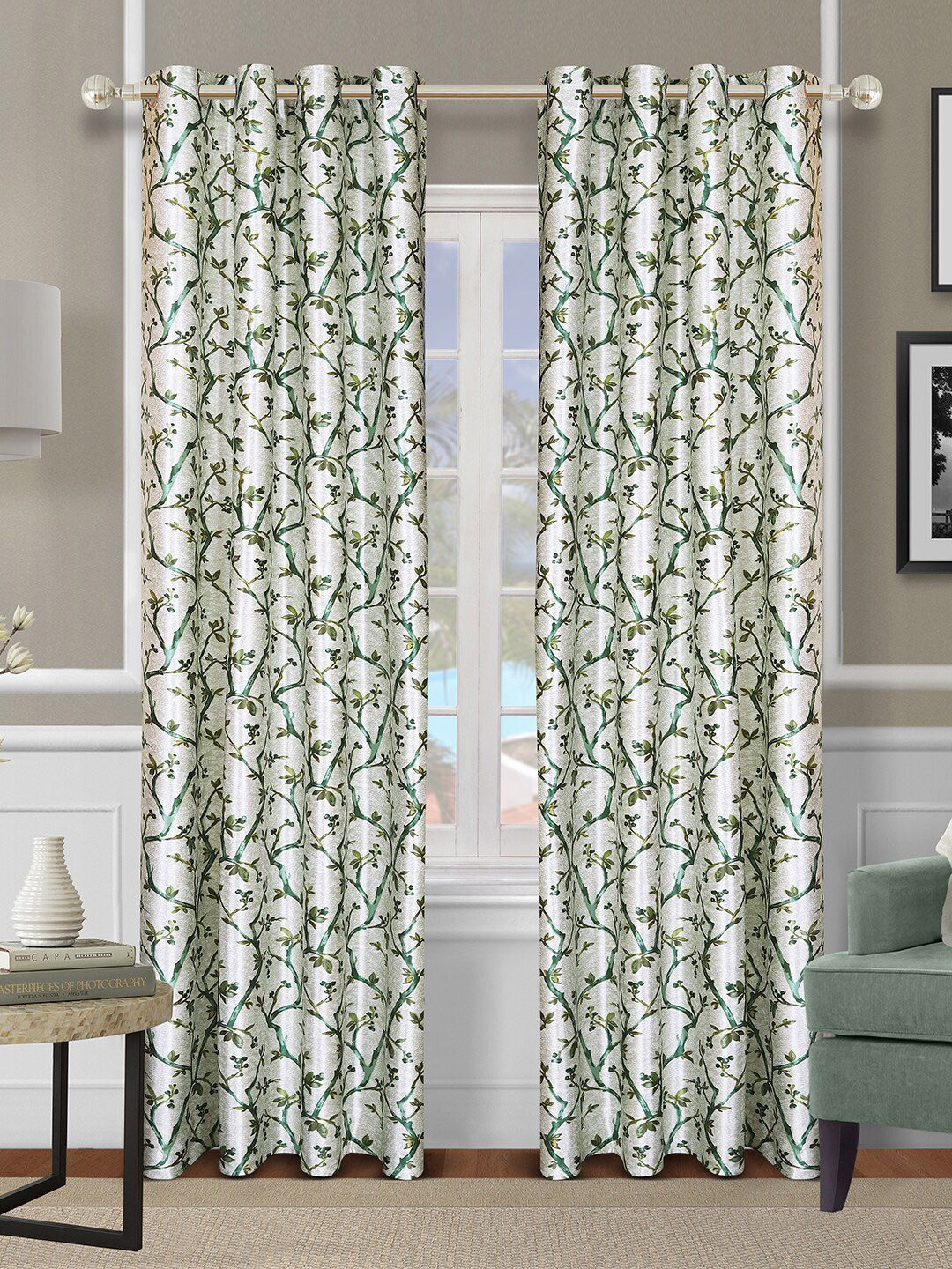 ROMEE Green & Off White Set of 2 Floral Room Darkening Long Door Curtain