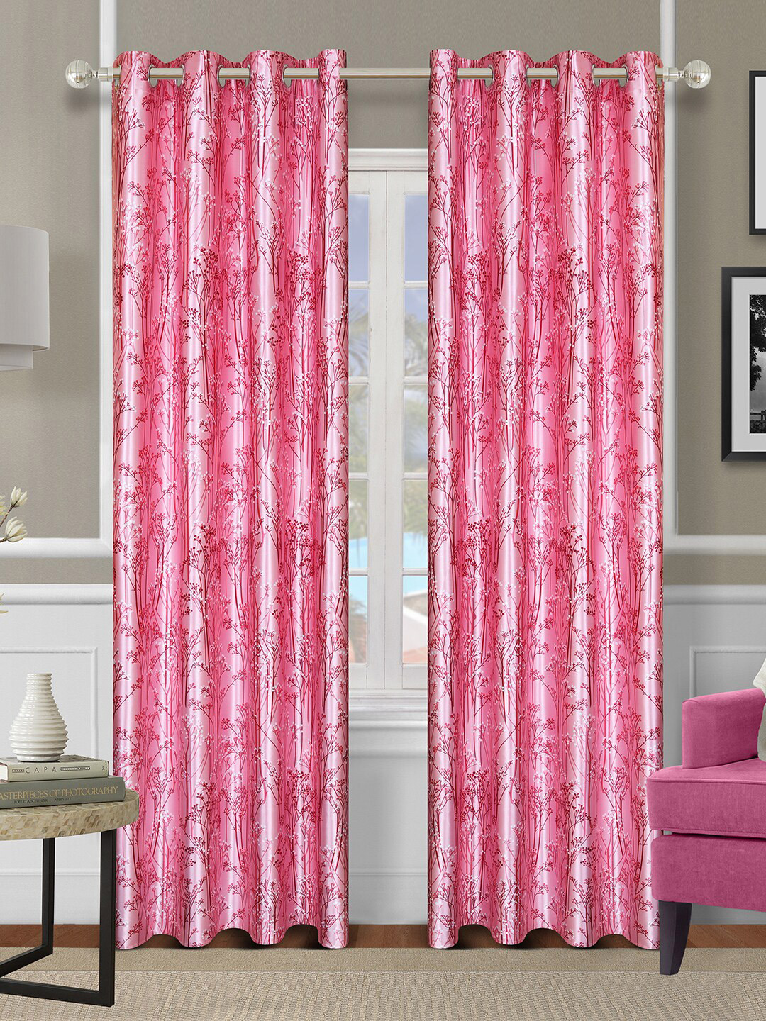 ROMEE Pink & White Set of 2 Floral Room Darkening Long Door Curtain