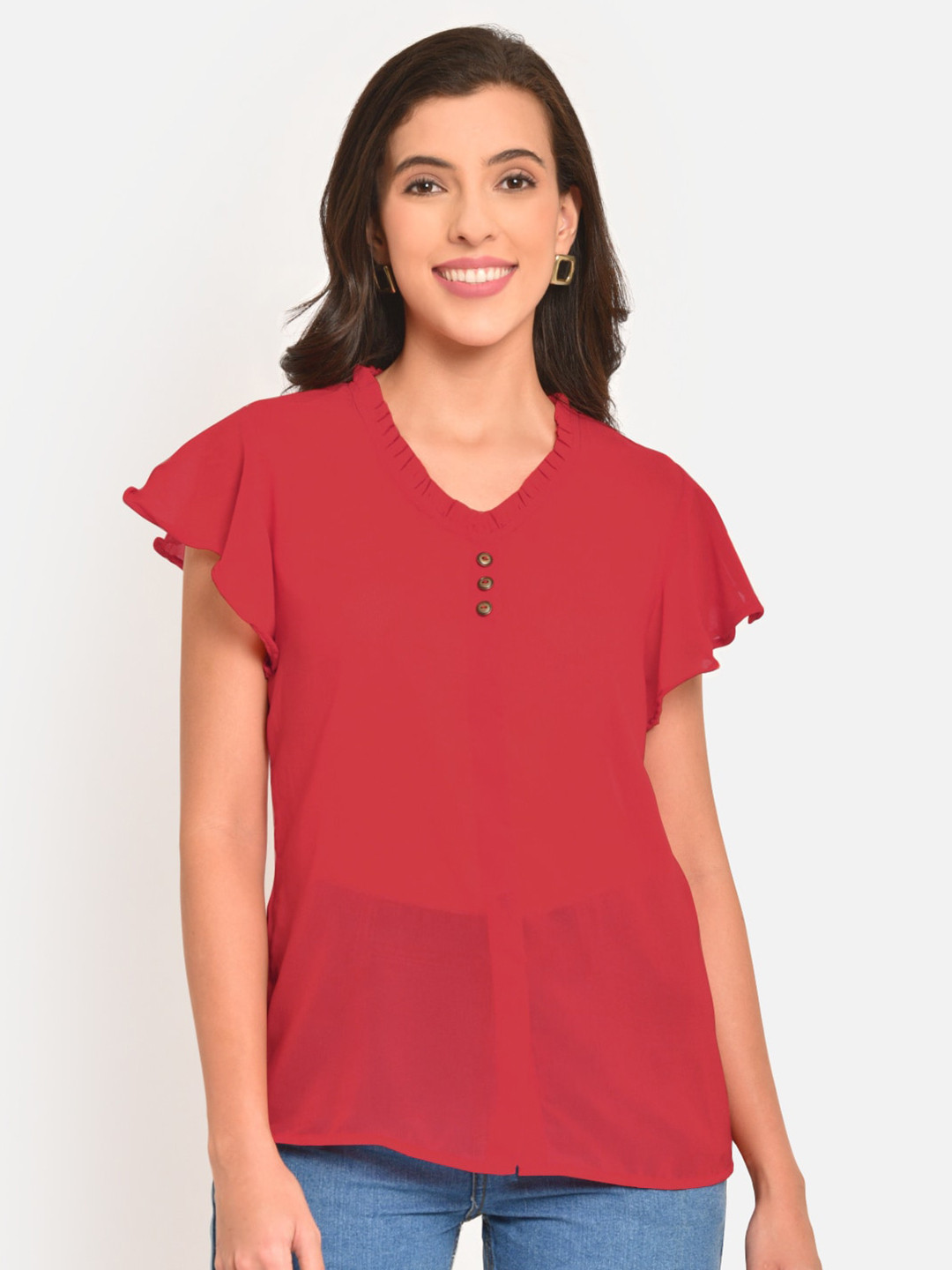 Martini Coral Ruffles Sheer Georgette Regular Top