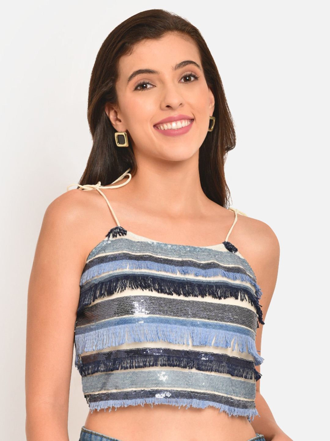Martini Blue Striped Fringed Regular Crop Top