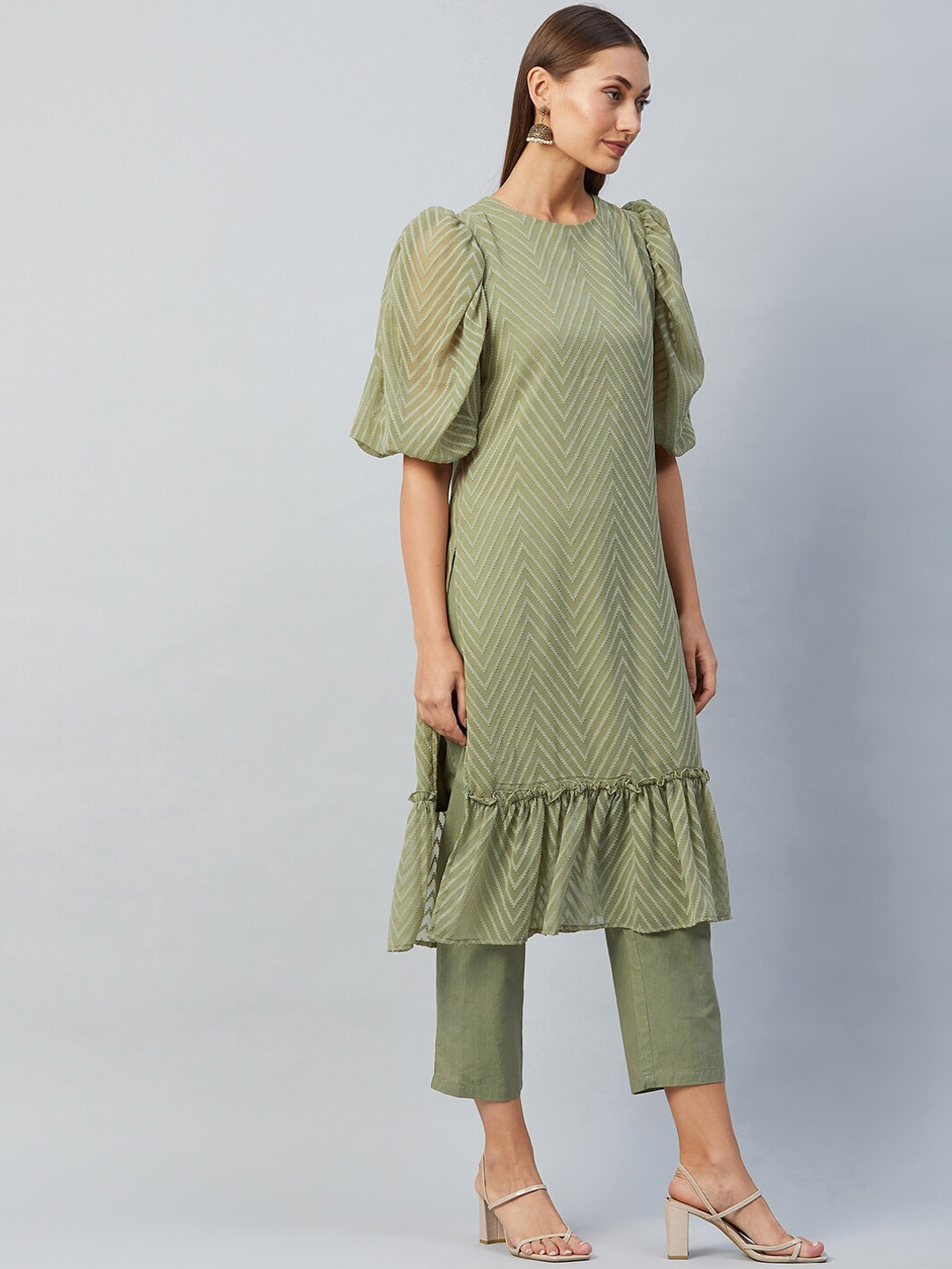 Athena Women Green Embroidered Tiered Kurta with Trousers