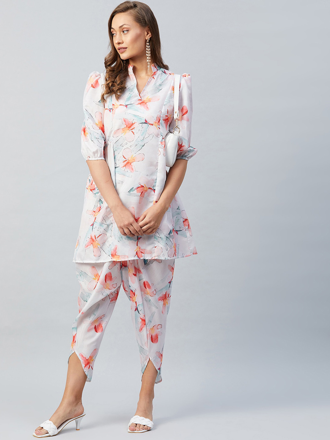 Athena Women White Floral Printed Regular Pure Silk Kurta with Dhoti Pants