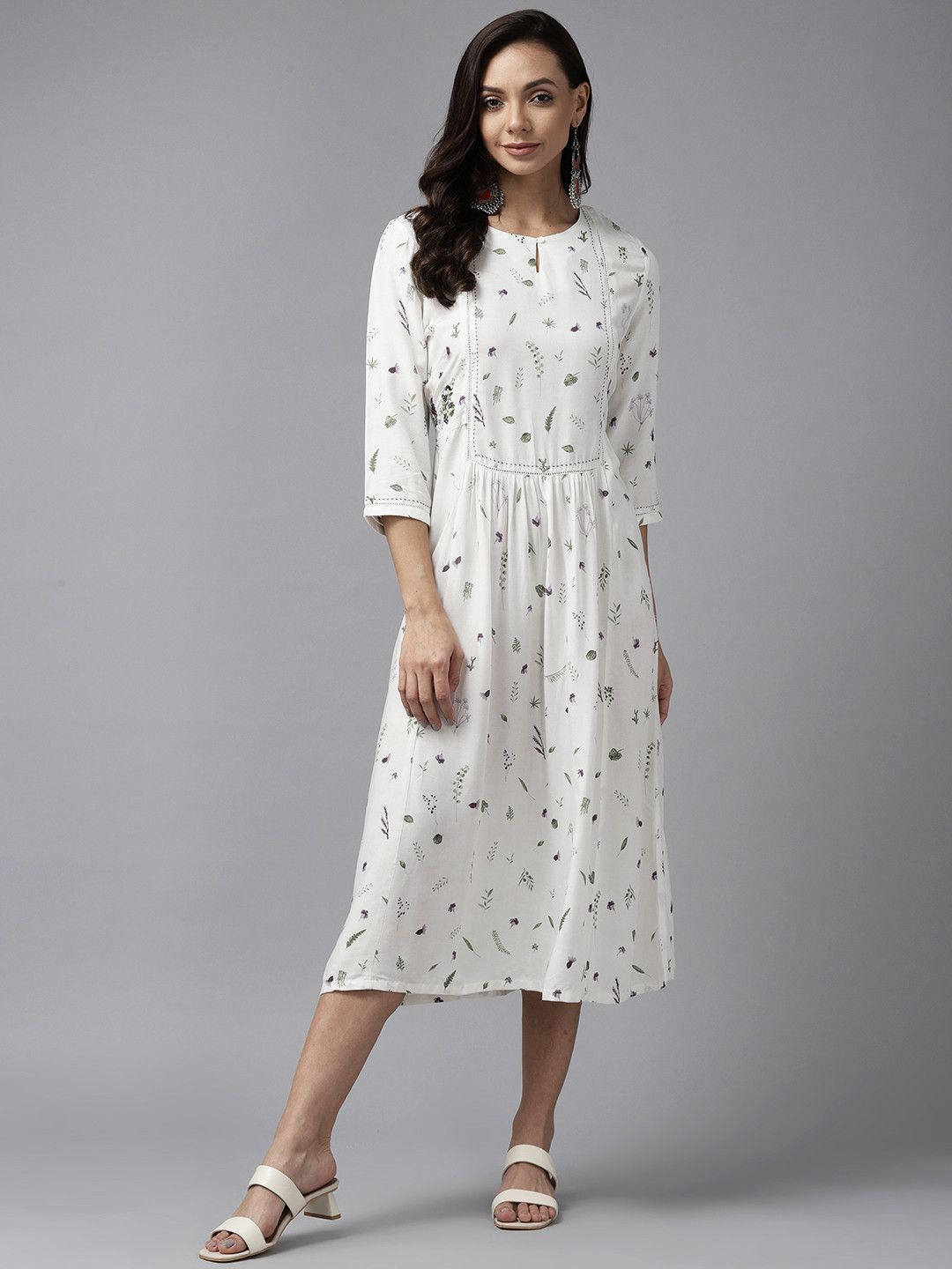 W Off White & Green Floral Print Keyhole Neck Ethnic A-Line Midi Dress