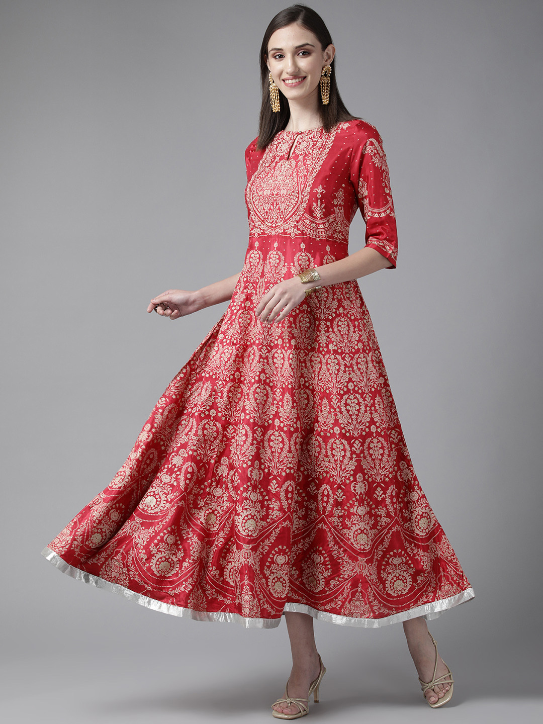 W Maroon & Gold-Toned Ethnic Motifs Keyhole Neck Ethnic A-Line Midi Dress