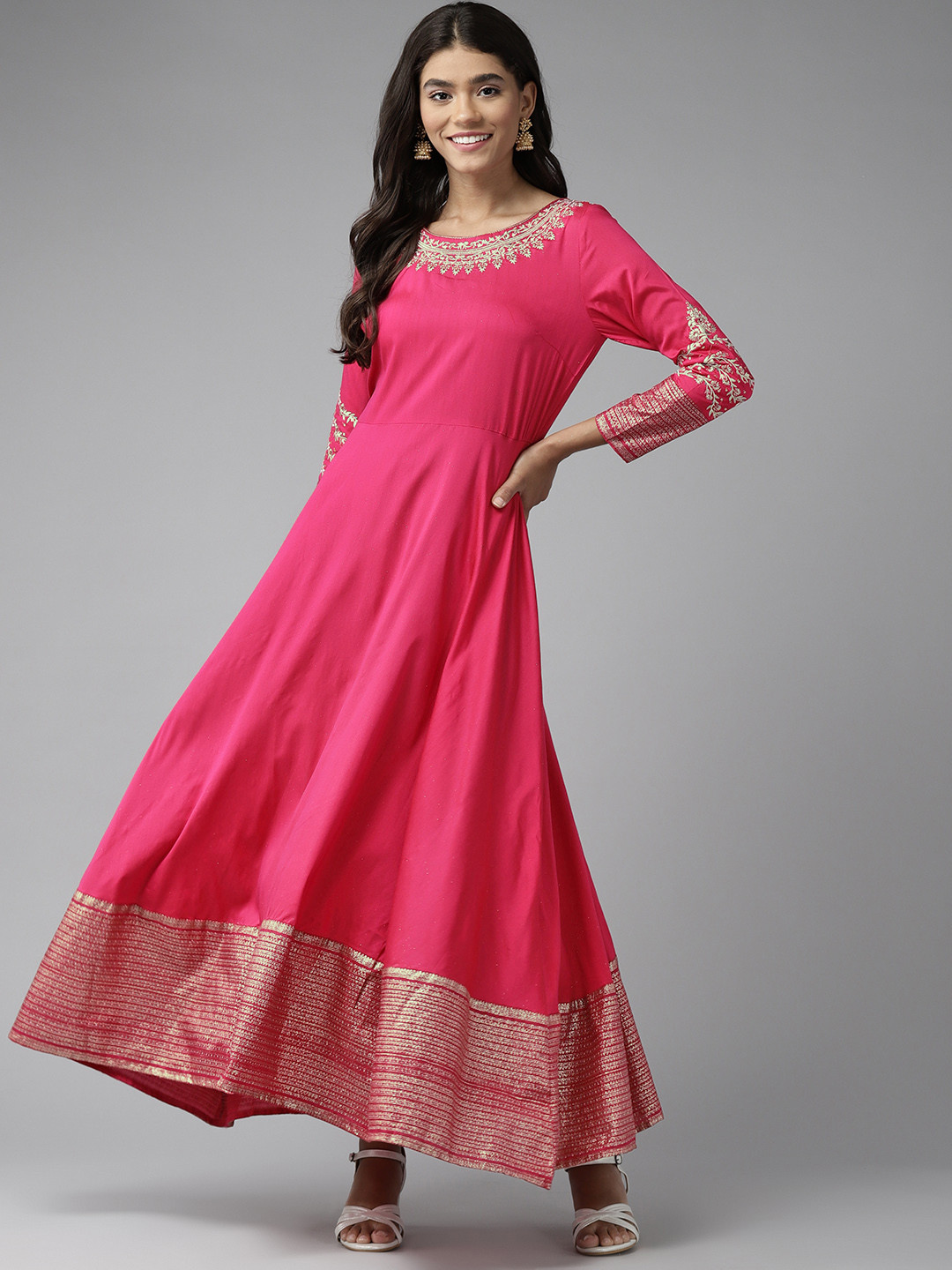 W Women Magenta & Golden Ethnic Motifs Print Embroidery Work A-Line Maxi Dress