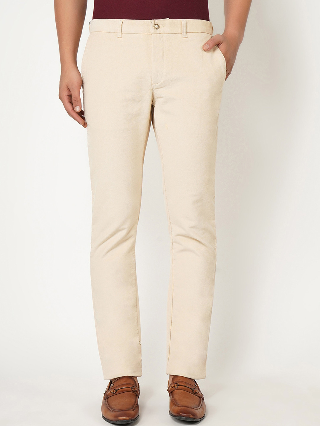 Blackberrys Men Cream-Coloured Solid B-95 Slim Fit Trousers
